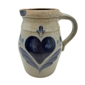 Rowe Pottery Works 1987 Salt Glaze Stoneware Pitcher Blue Heart Cambridge WI
